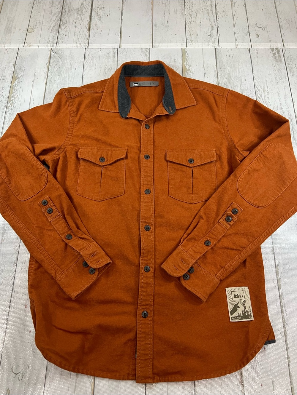 REI Co-op button up work shirt Orange Shirt with Charcoal Collar